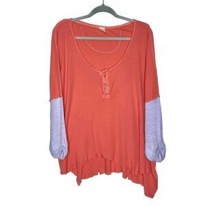 Free People We the Free Star Relaxed Distressed Henley Top Orange Linen Small